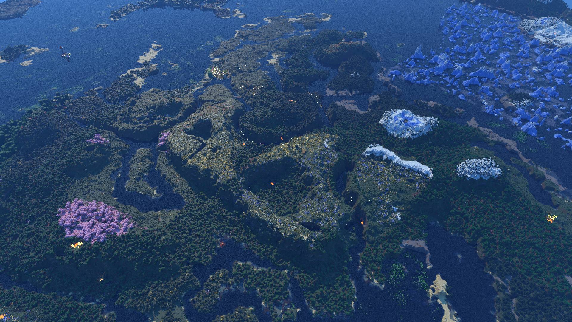 Aerial view of a Minecraft-style underwater landscape featuring sprawling coral reefs, lush vegetation, and irregular island formations surrounded by ocean; on the right, large blue crystalline structures rise from the terrain
